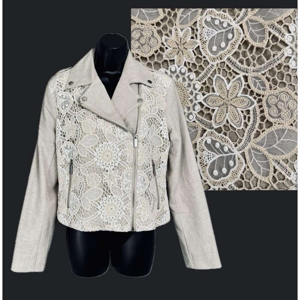 Bagatelle Collection NY Oatmeal Linen Moto Jacket Crochet Lace Overlay SM Zip Up